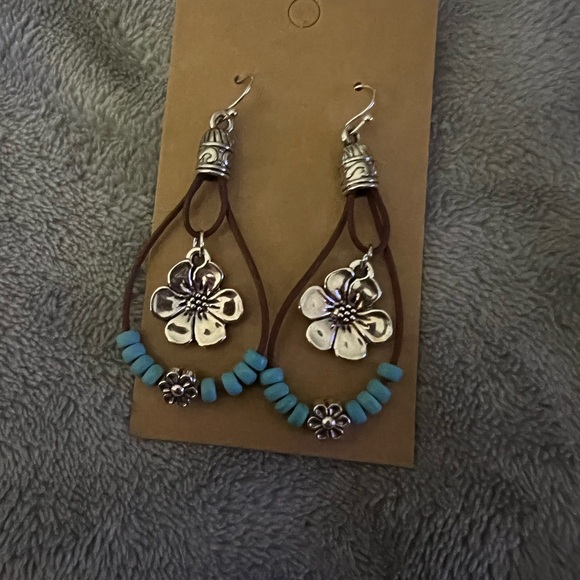 Silver and Turquoise Floral drop Earrings - Picture 2 of 4